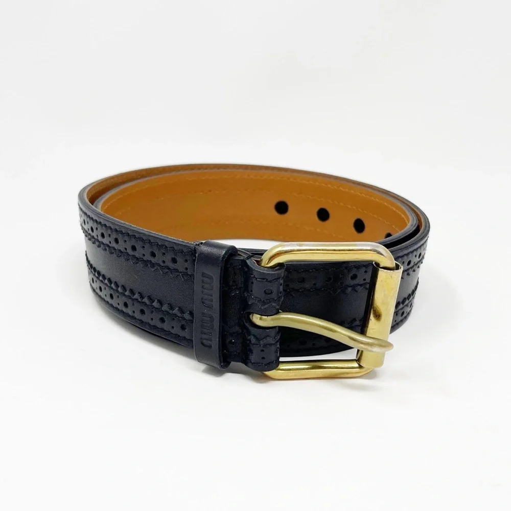Miu Miu Italian Leather Belt Perforated Laser-Cut Black 32 - Picture 3 of 8